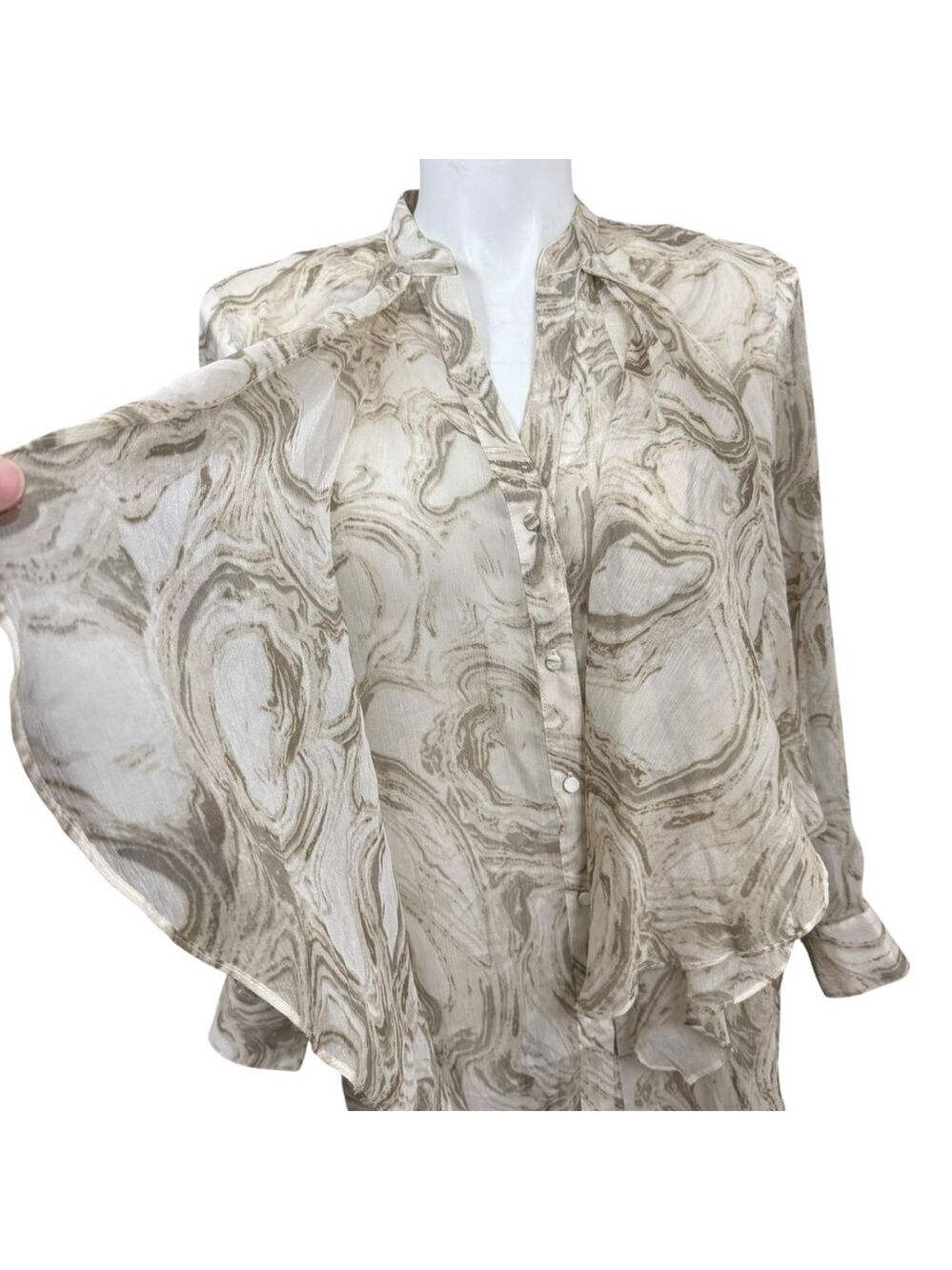 Chico's Blouse Size XL Beige Brown Marble Print - Picture 3 of 9